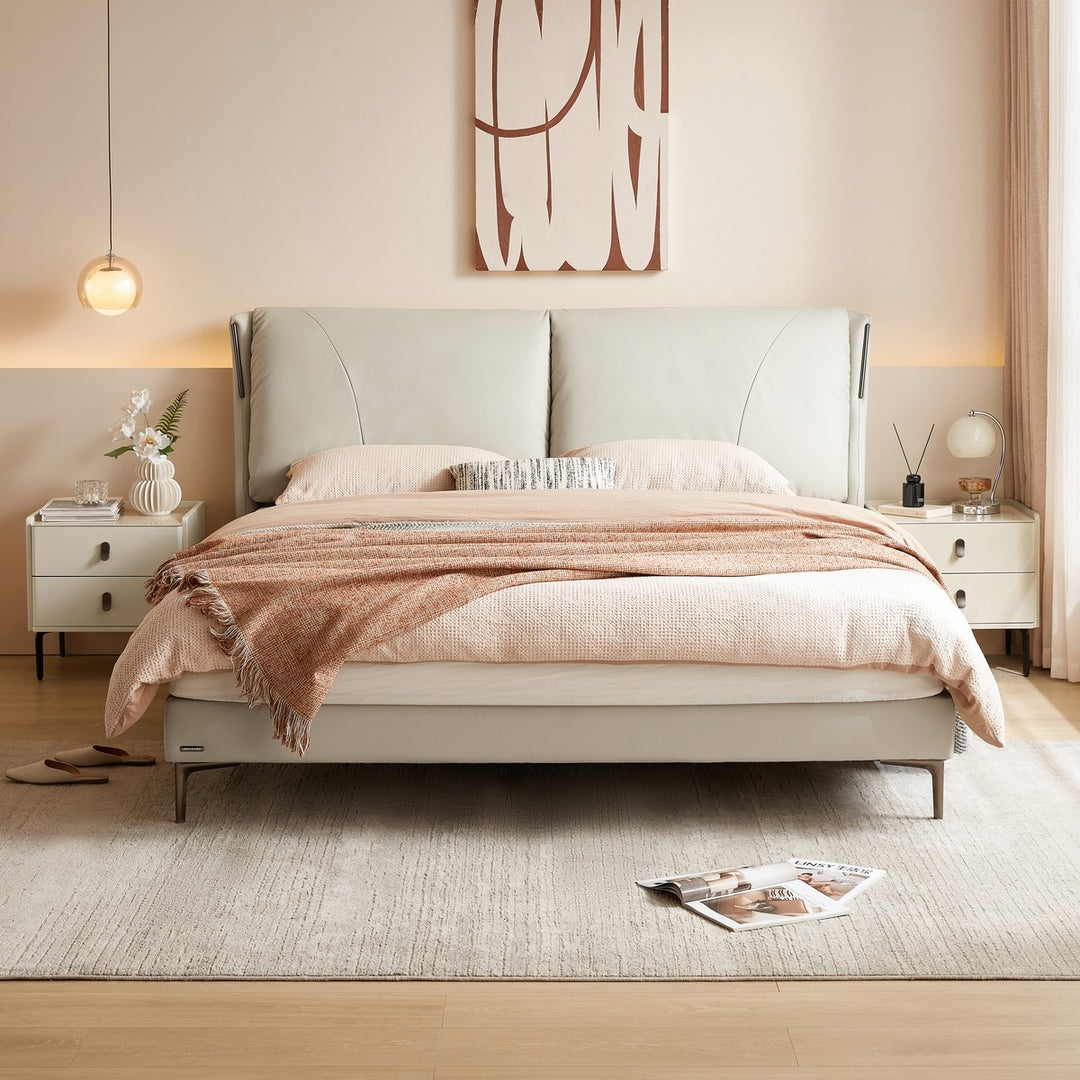 MARIVELLE Sand Leather Floating Bed with LED Light