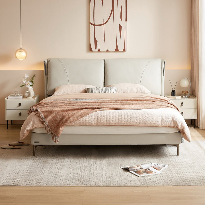 MARIVELLE Sand Leather Floating Bed with LED Light