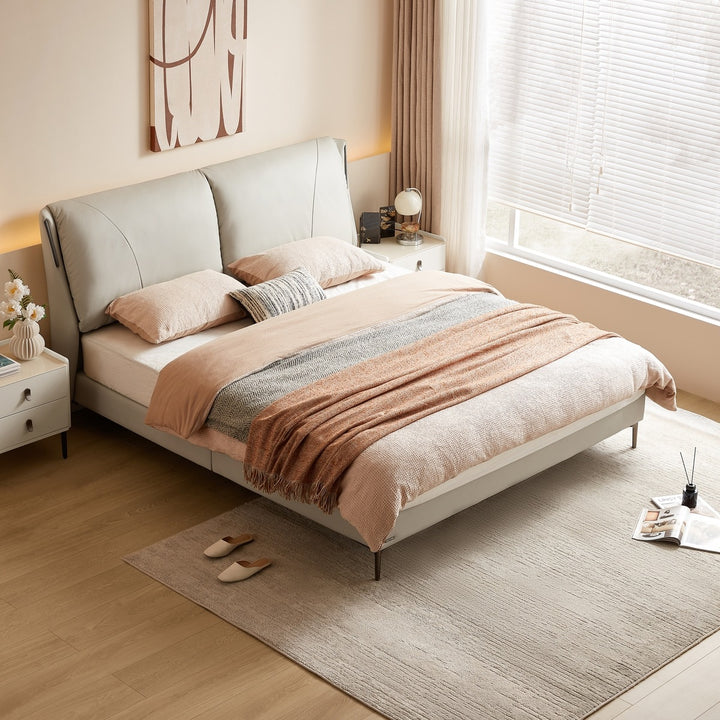 MARIVELLE Sand Leather Floating Bed with LED Light