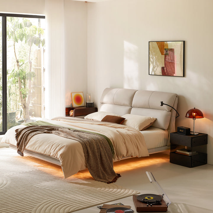 MARIVELLE Sand Leather Floating Bed with LED Light