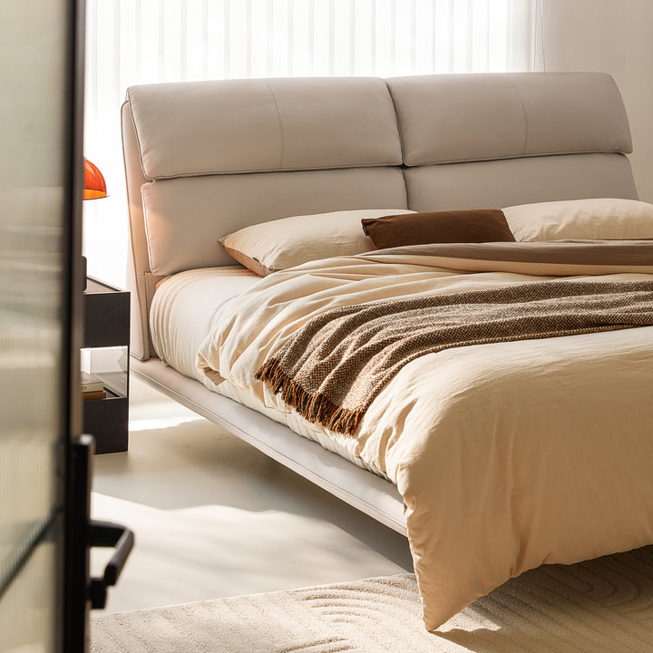 MARIVELLE Sand Leather Floating Bed with LED Light