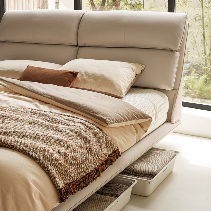 MARIVELLE Sand Leather Floating Bed with LED Light