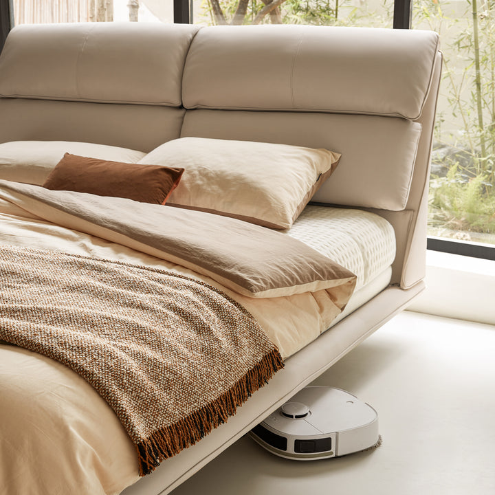 MARIVELLE Sand Leather Floating Bed with LED Light
