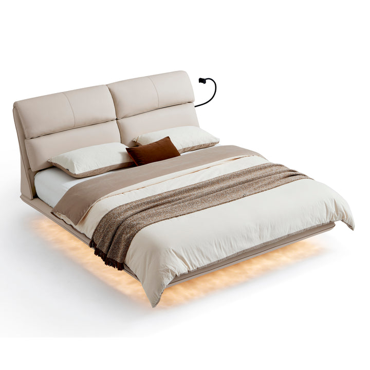 MARIVELLE Sand Leather Floating Bed with LED Light