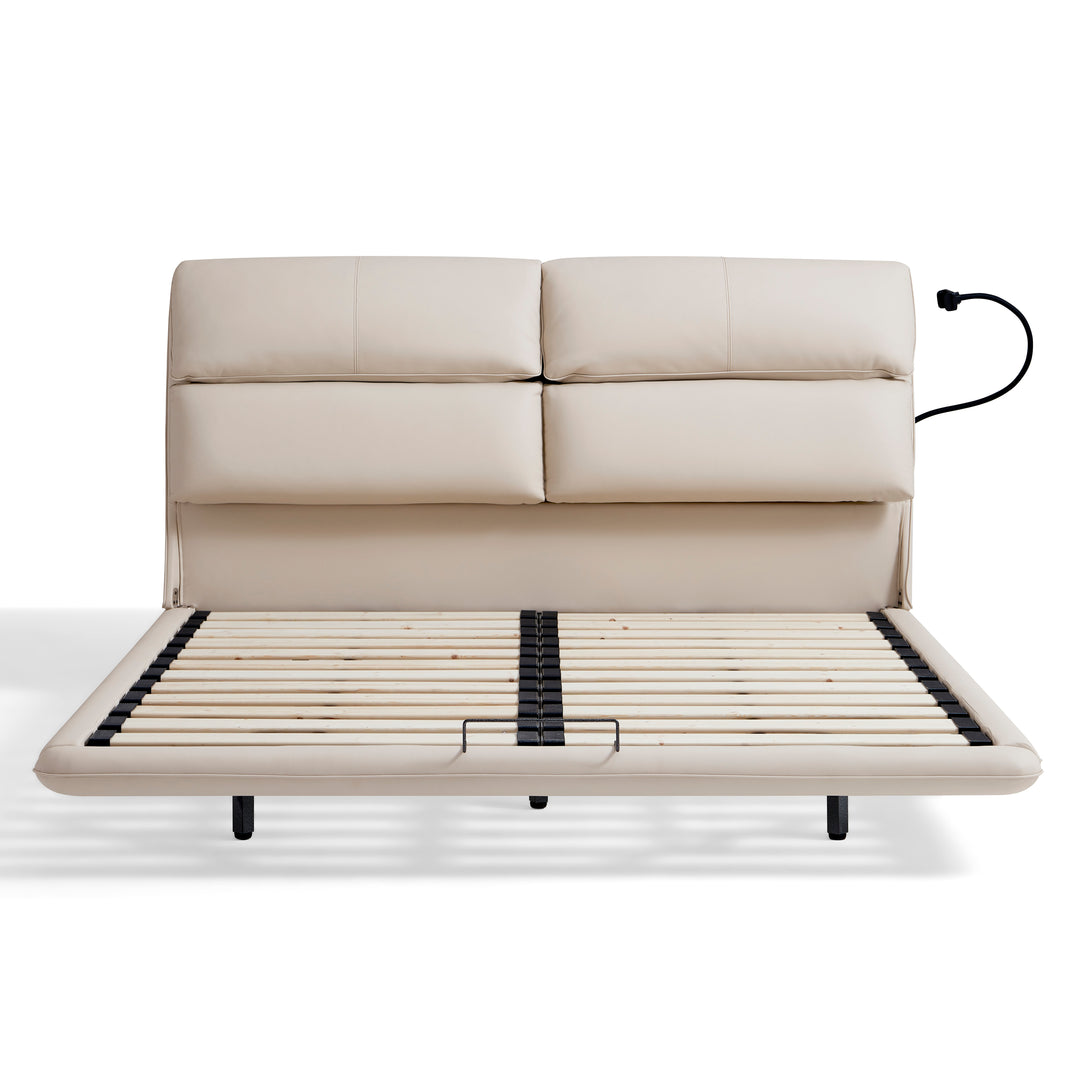 MARIVELLE Sand Leather Floating Bed with LED Light