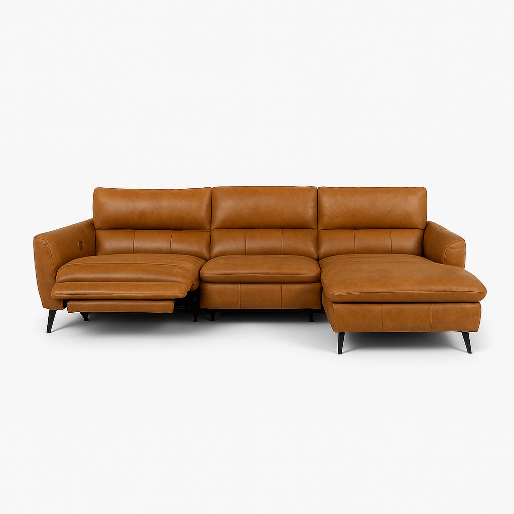 LYSANDER Tan Leather Reclining Sectional Sofa