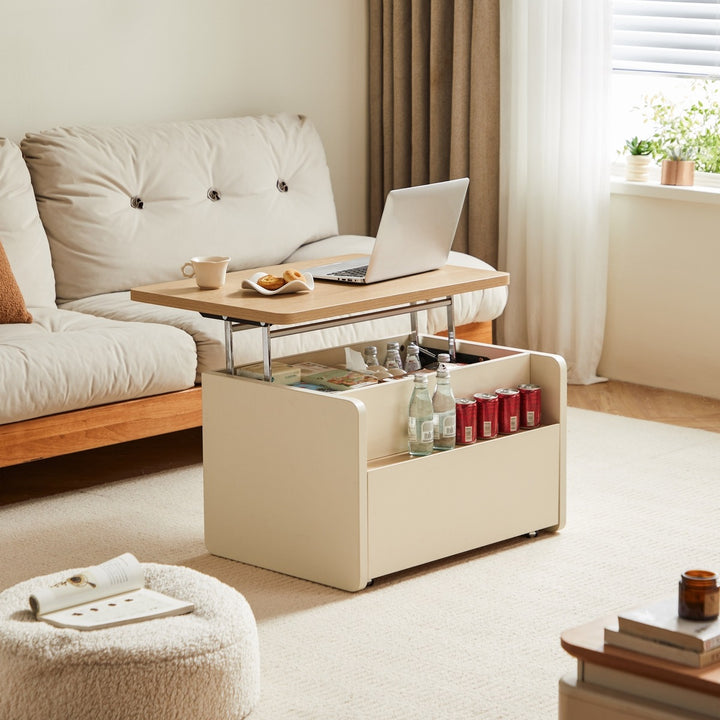 NORVIA White & Wood Lift-Top Coffee Table with Storage