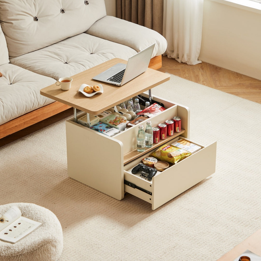 NORVIA White & Wood Lift-Top Coffee Table with Storage