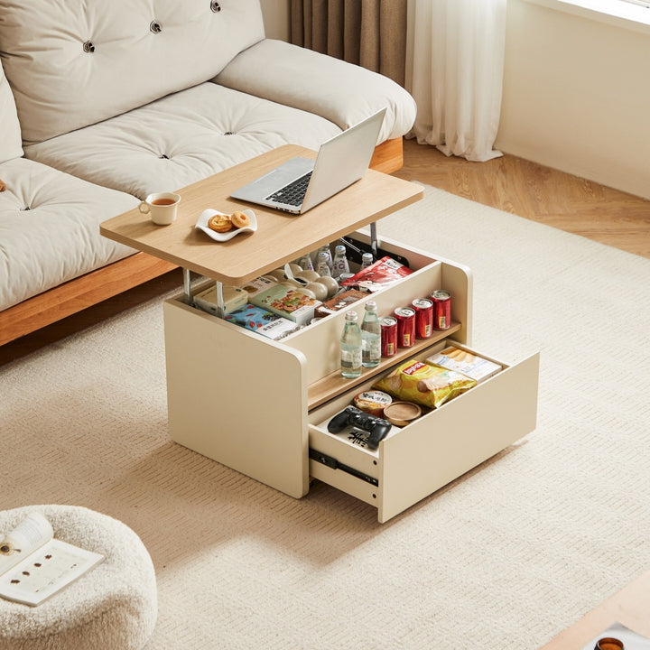 NORVIA White & Wood Lift-Top Coffee Table with Storage