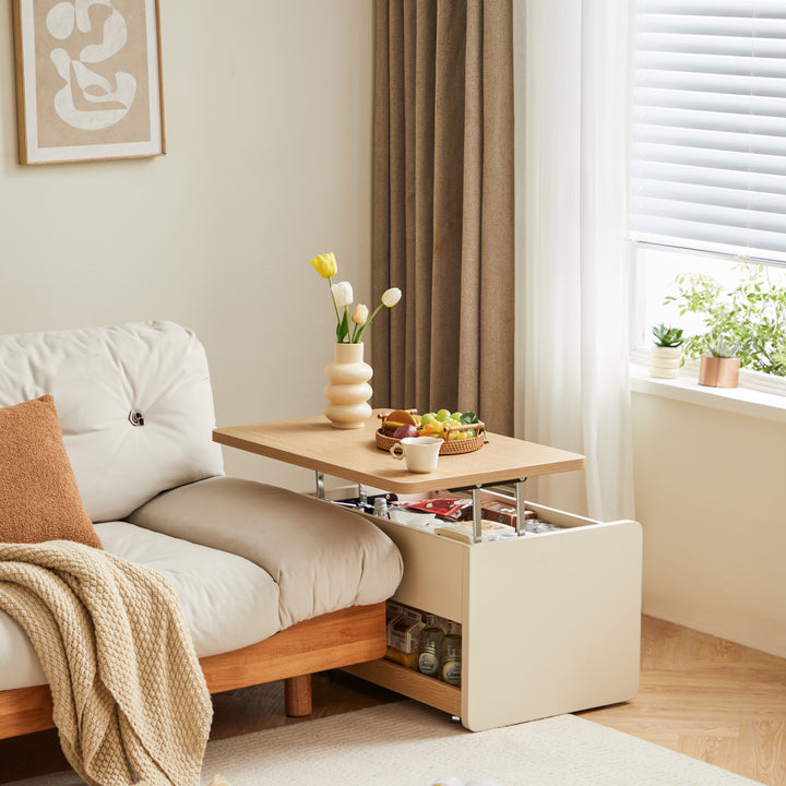 NORVIA White & Wood Lift-Top Coffee Table with Storage