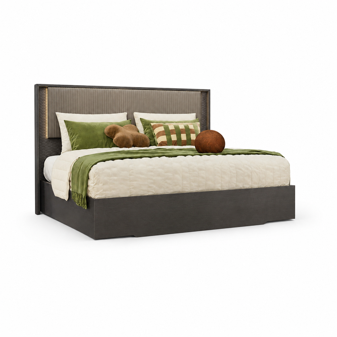 LUISA Dark Oak Tetris Matte LED Headboard Bed - ALF Italia