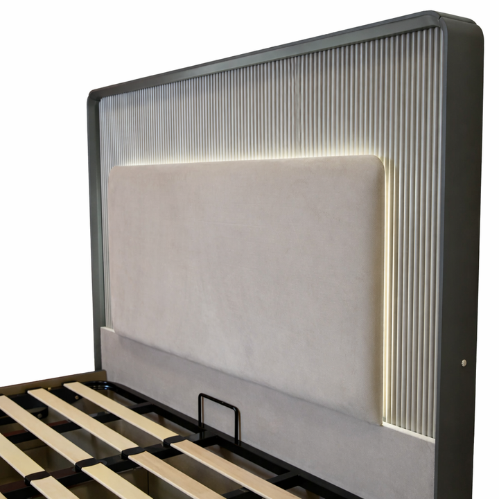 QUILL Rounded Corners LED Bed with dark frame, light grey padded panel, fluted sides, and warm LED lighting.