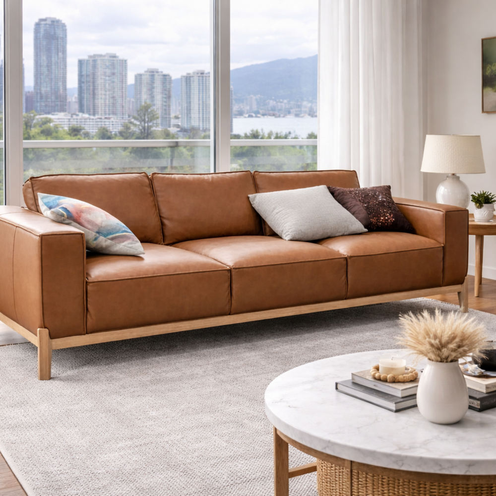 Three-seater cognac leather sofa with light wood legs and plush cushions, accessorized with decorative pillows in a sunlit living room.