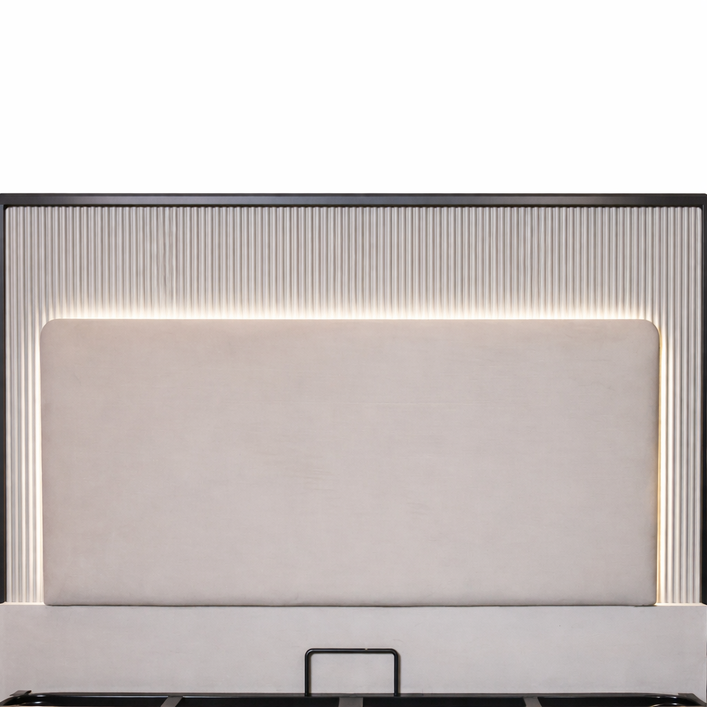 QUILL Rounded Corners LED Bed headboard with beige velvet panel, fluted background, and warm LED strip lighting in a black frame.