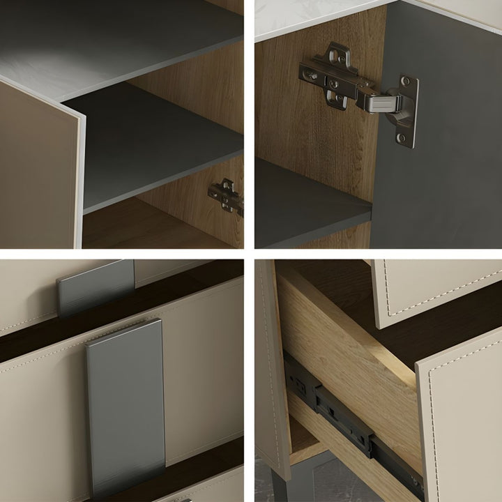 Close-up views of a white and champagne gold sideboard showcasing its internal shelving, hinges, drawer slides, and the texture of its ceramic material.