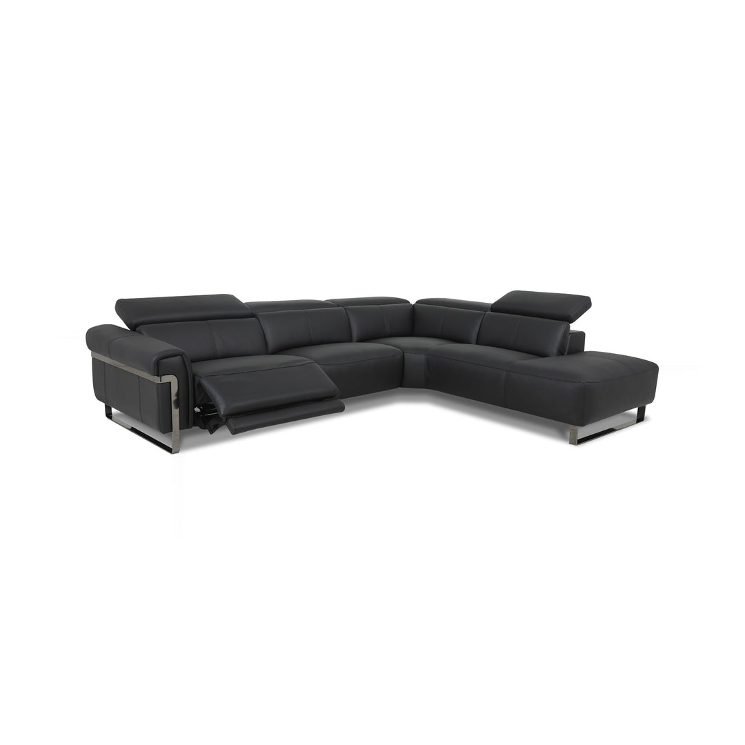 A black leather sectional sofa with a chaise lounge, recliner and metal accents is shown on a white background.