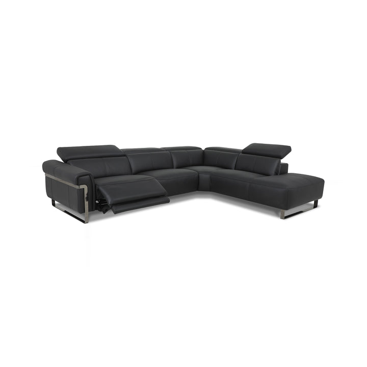 A black leather sectional sofa with a chaise lounge, recliner and metal accents is shown on a white background.