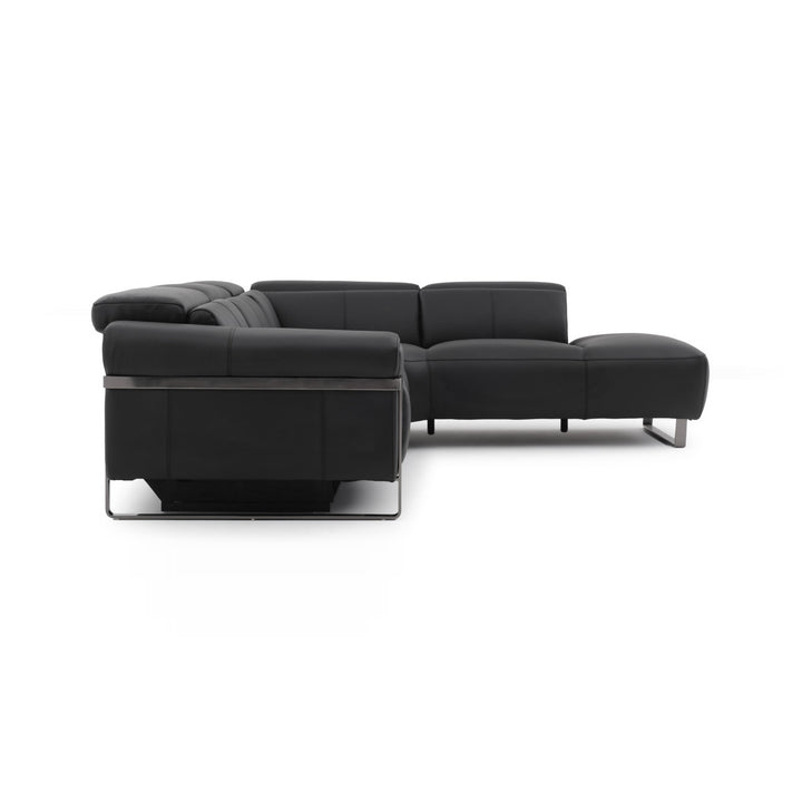 A black leather sectional sofa with metal legs on a white background.