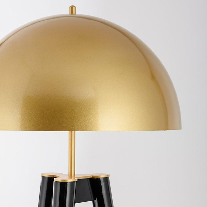 Close-up of a gold and black lamp on a white background.
