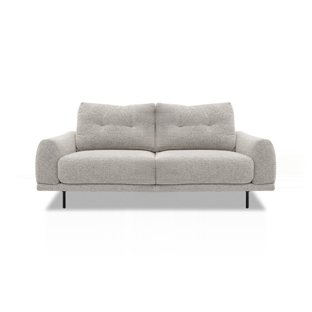 A light gray two-seater sofa with black legs is shown against a white background.