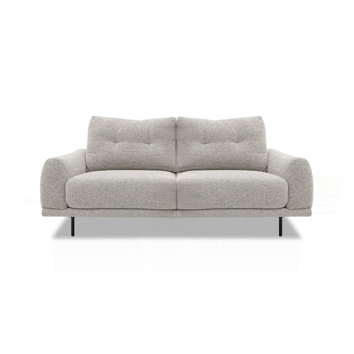 A light gray two-seater sofa with black legs is shown against a white background.