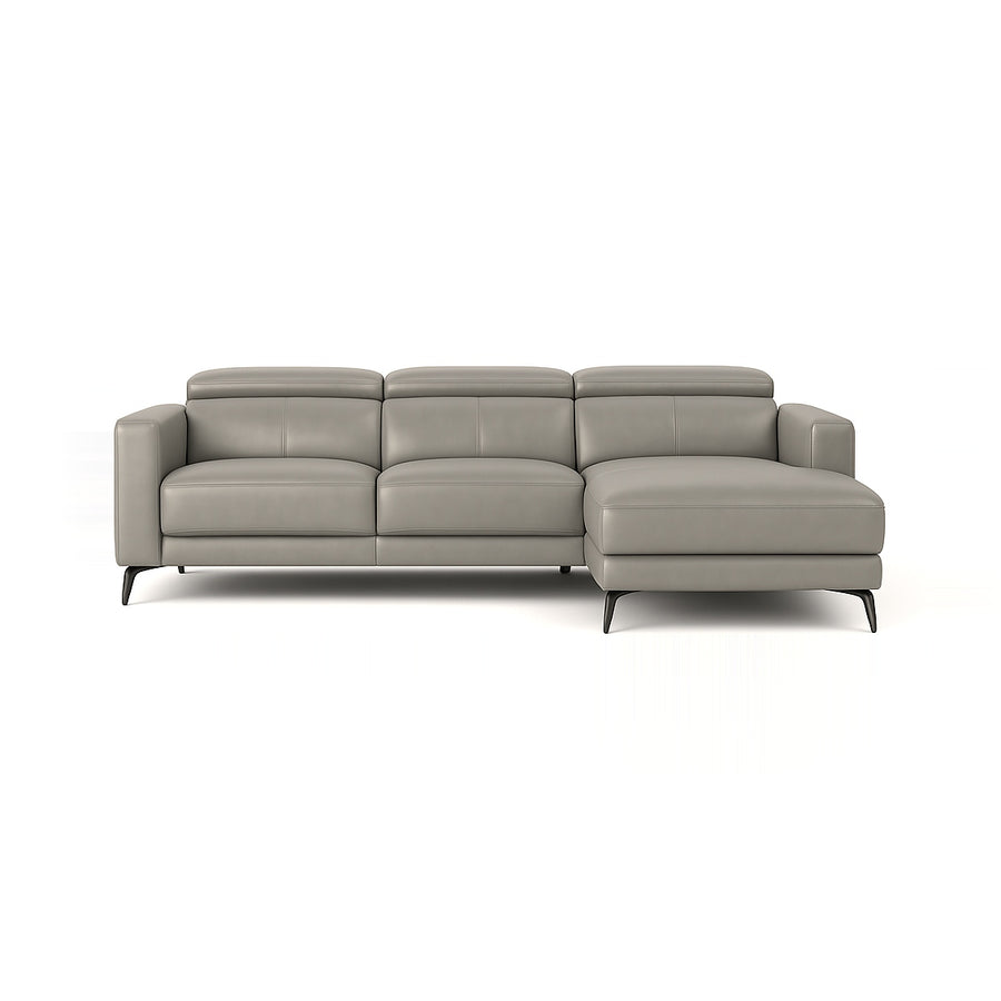 A gray leather sectional sofa with a chaise lounge, photographed on a white background.