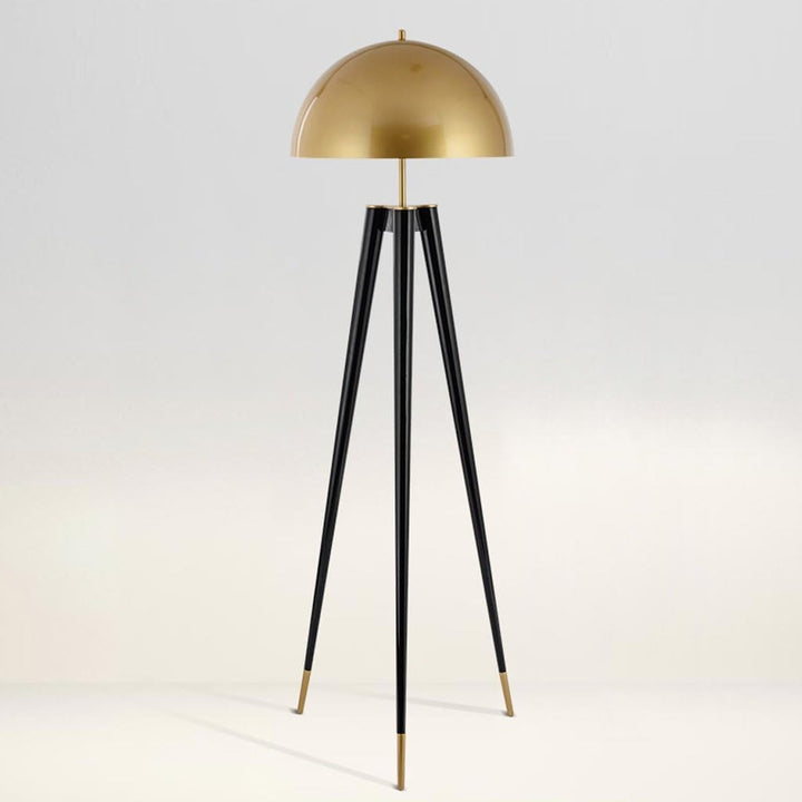 A gold and black floor lamp with a dome-shaped shade, set against a white background.