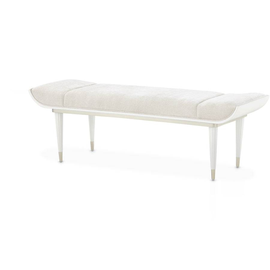 A white fabric bench with a white frame is shown against a white background.
