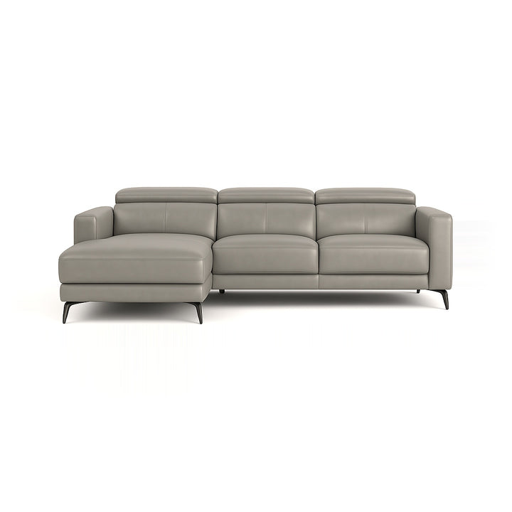 A modern gray leather sectional sofa with a chaise lounge on a white background.