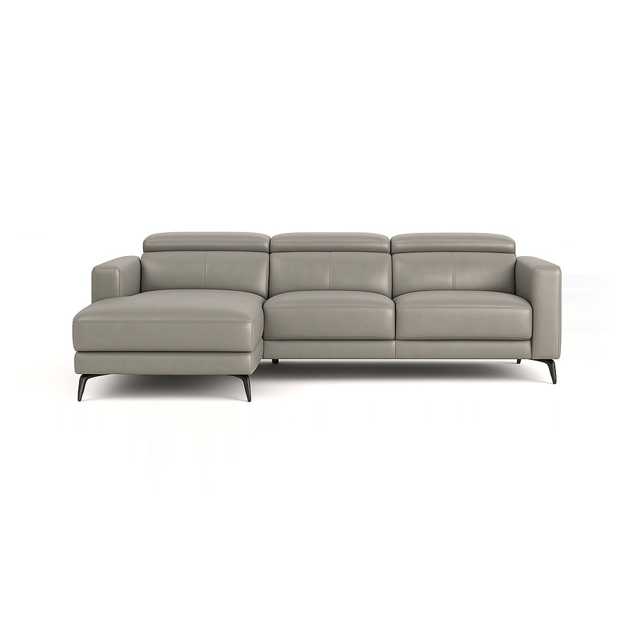 A modern gray leather sectional sofa with a chaise lounge on a white background.