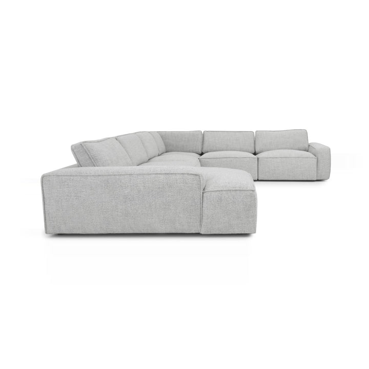 A light gray modular sectional sofa is presented against a white background.