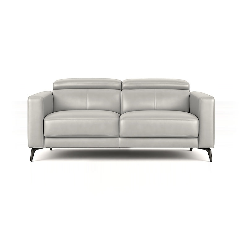 A light gray modern loveseat with adjustable headrests and black legs, presented on a white background.