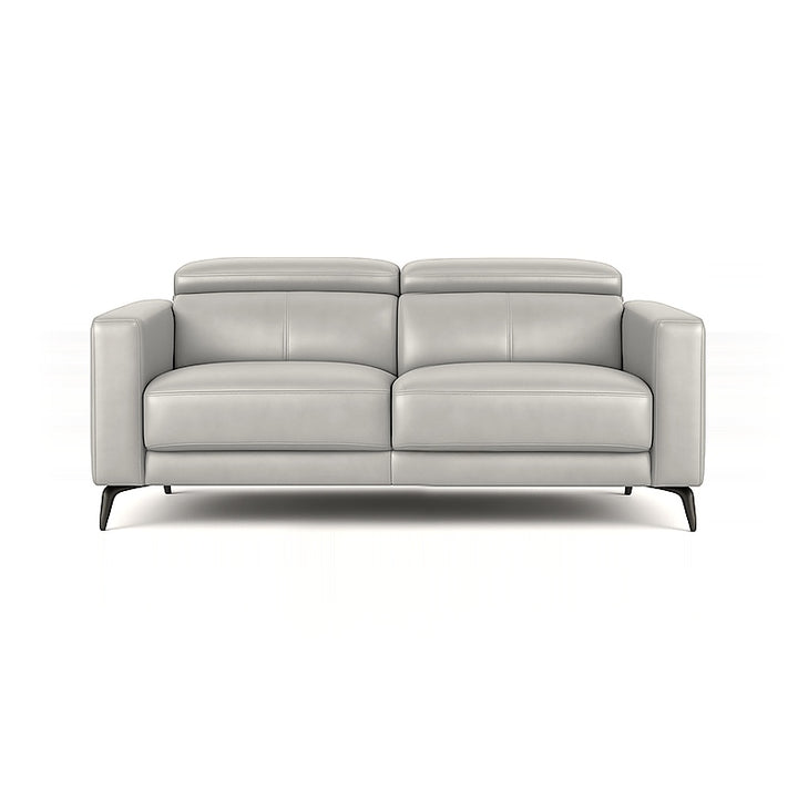 A light gray modern loveseat with adjustable headrests and black legs, presented on a white background.