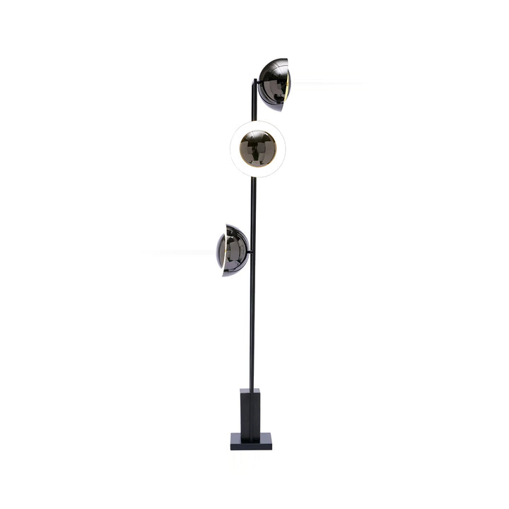 A black floor lamp with three mirrored, semi-spherical shades and a square base, isolated against a white background.