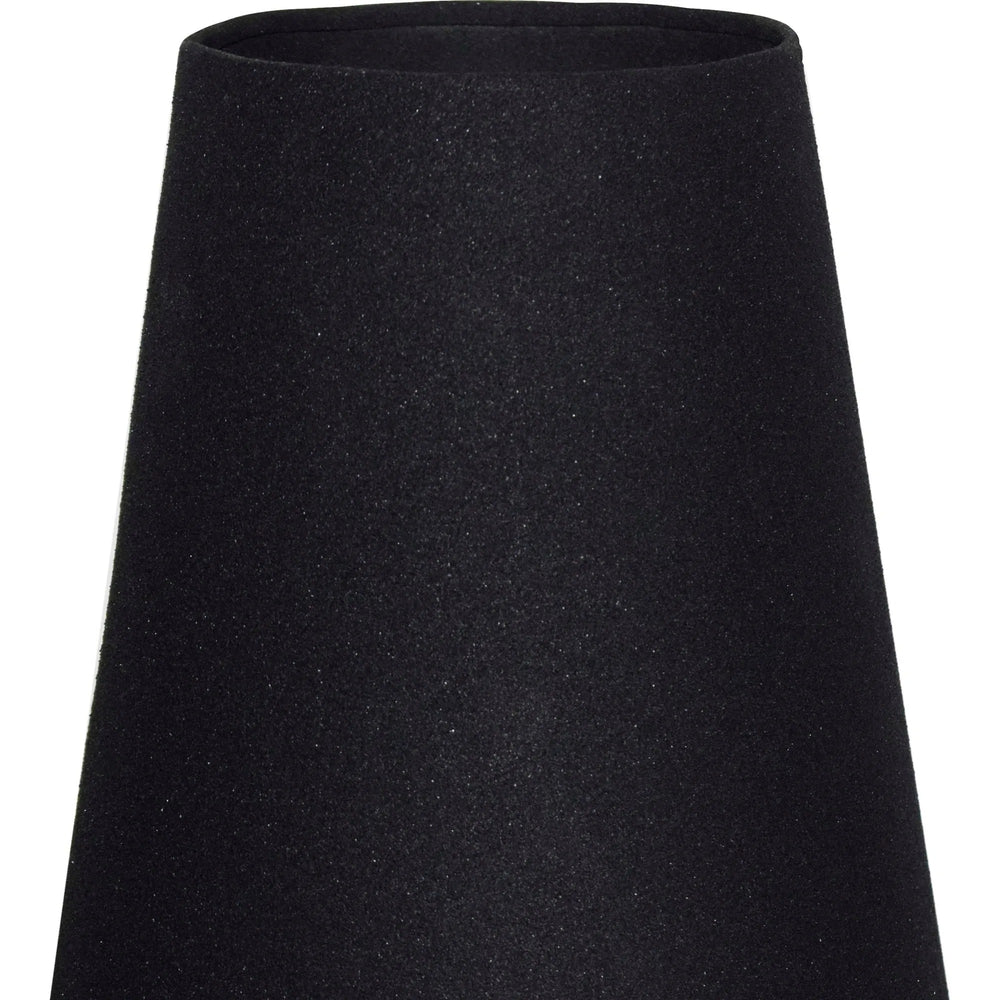 Close-up of a matte black tapered vase with a speckled texture.
