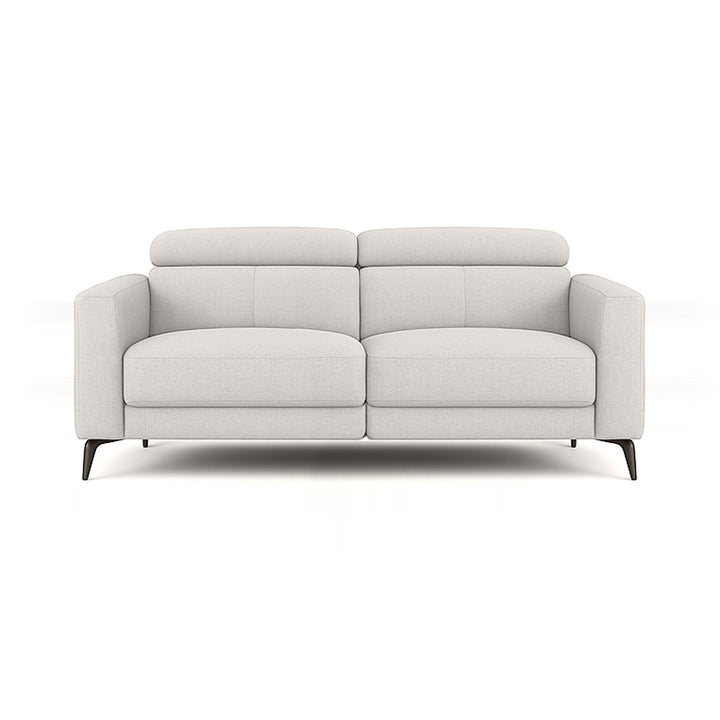 A white two-seater sofa with adjustable headrests and black legs is centered on a white background.