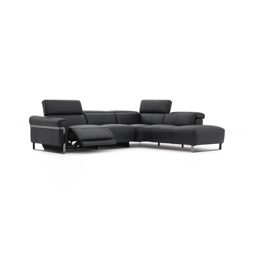 A modern black leather sectional sofa with a chaise lounge is displayed against a plain white background, highlighting its reclining feature and sleek design.