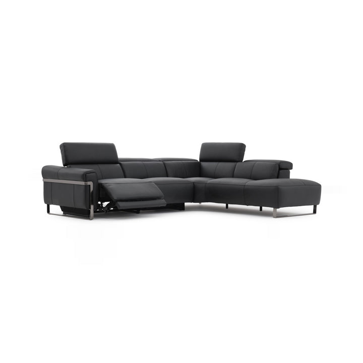 A modern black leather sectional sofa with a chaise lounge is displayed against a plain white background, highlighting its reclining feature and sleek design.