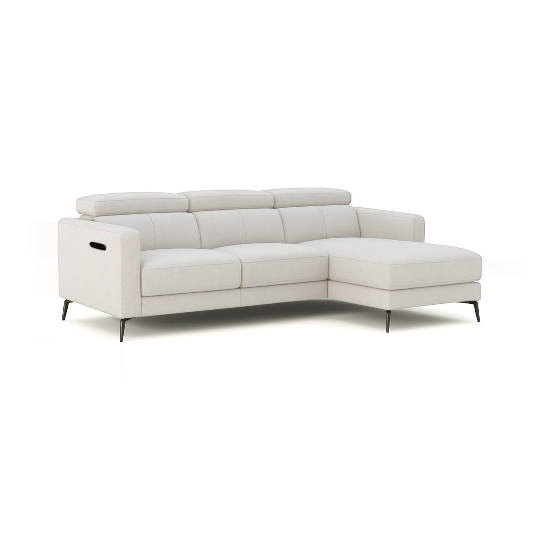 A modern white sectional sofa with a chaise lounge is displayed on a white background.