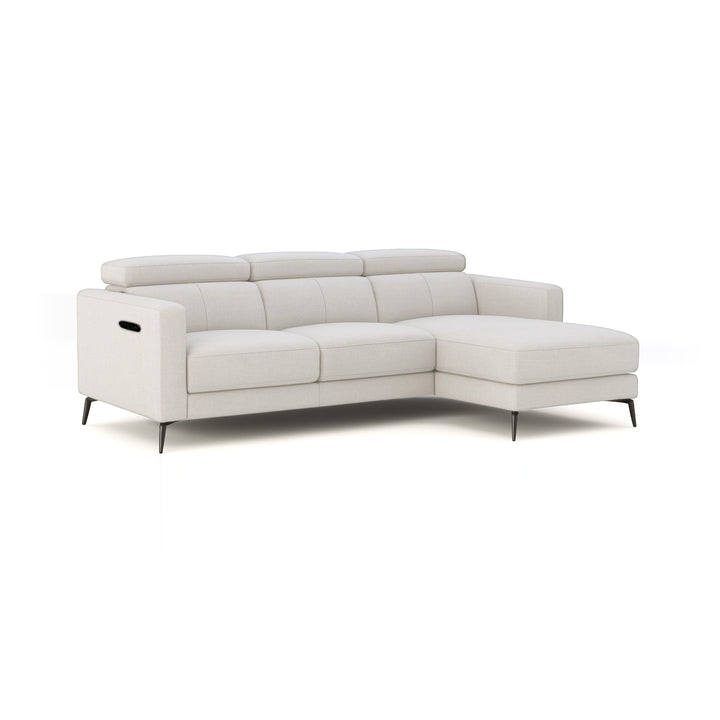 A modern white sectional sofa with a chaise lounge is displayed on a white background.