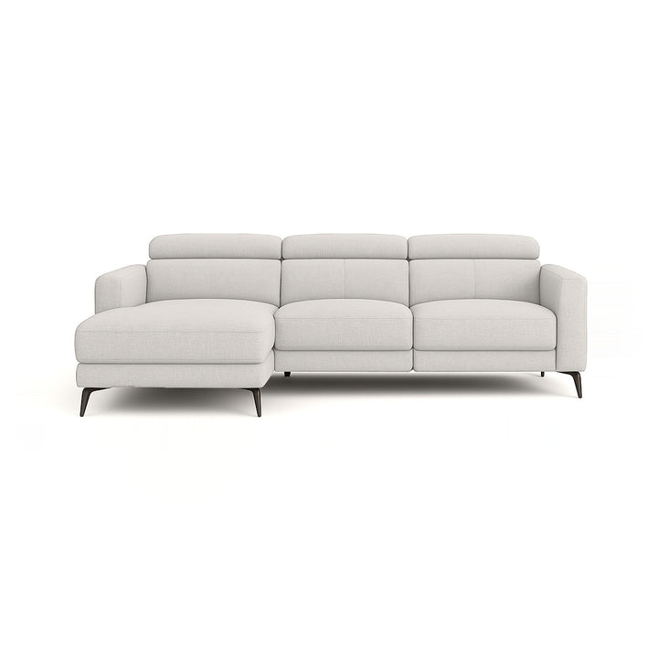 A white sectional sofa with a chaise lounge is displayed on a white background.