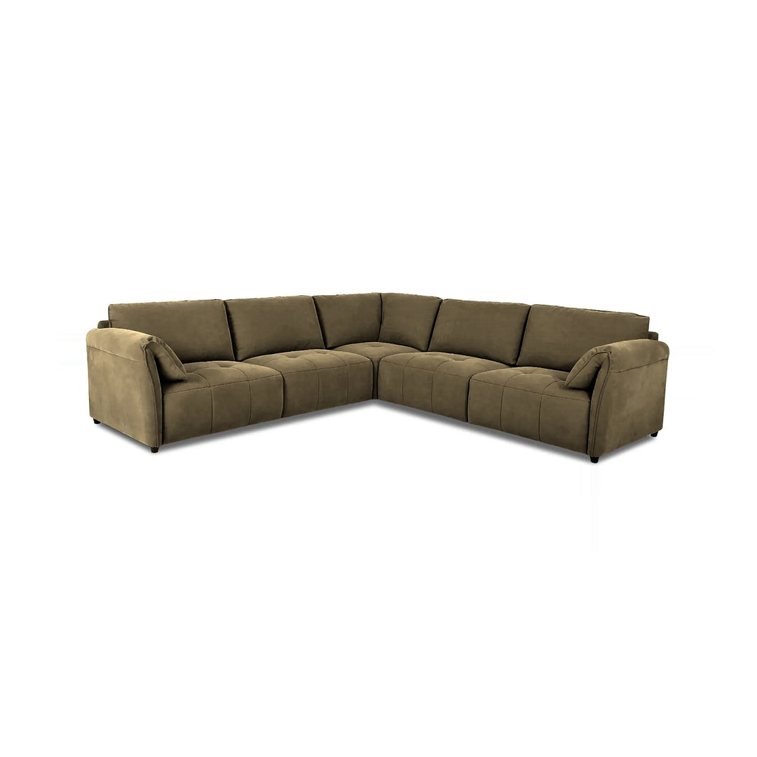 A sectional sofa with a brown suede-like fabric, shown on a white background.