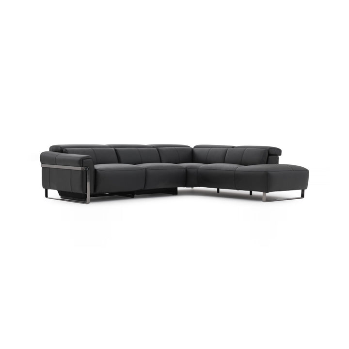 A dark gray sectional sofa with metal legs on a white background.