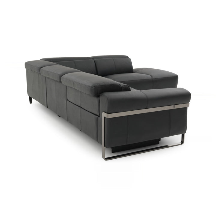 A modern dark gray leather sectional sofa with metal accents, photographed on a white background.