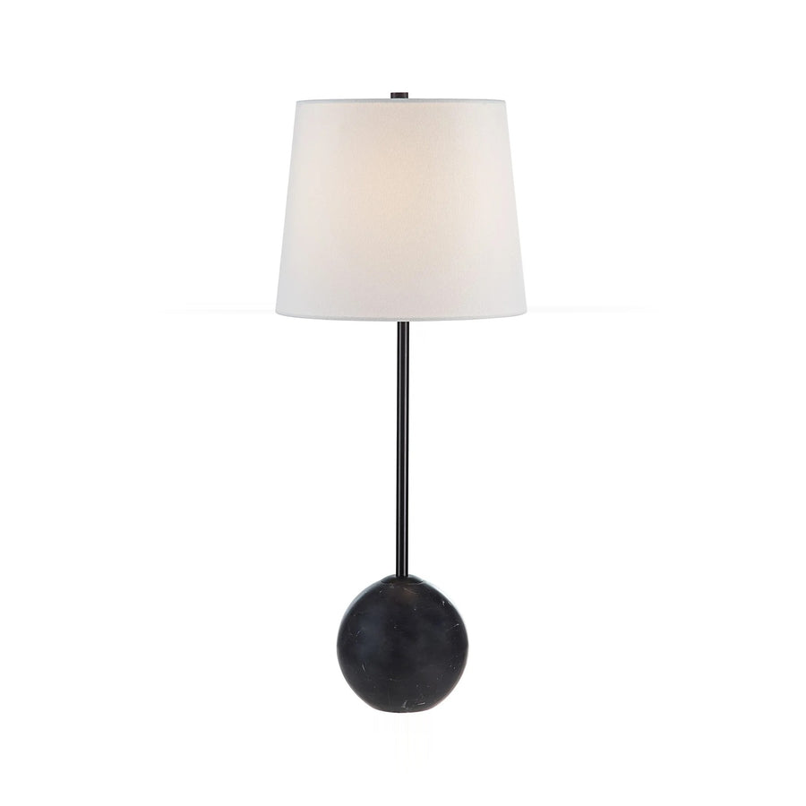 Image of a black steel and marble table lamp with a white fabric lampshade, isolated on a white background.