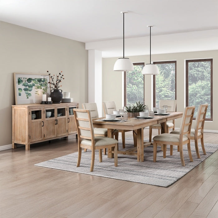 Light wood dining chair with beige stitched upholstery and horizontal slat back, shown at a matching dining table.