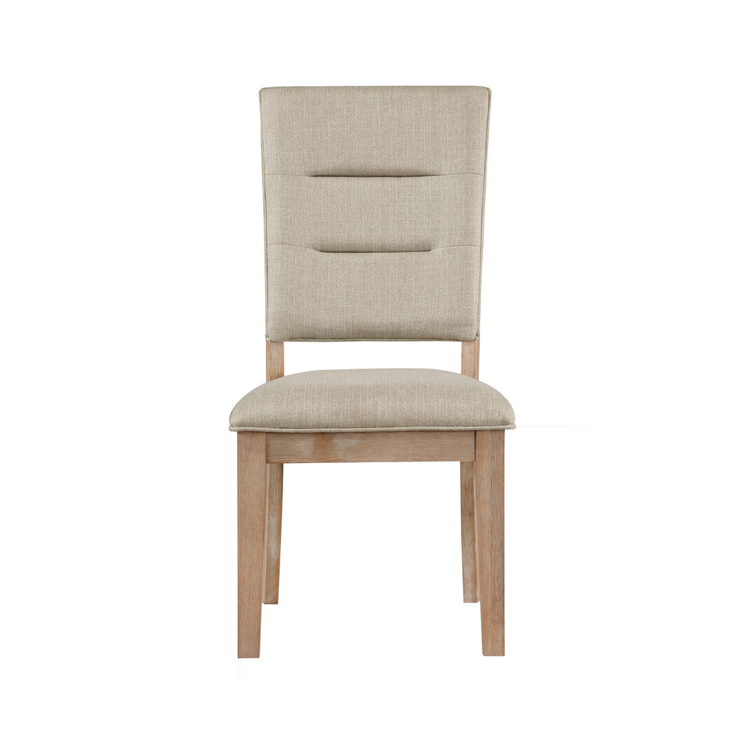 Beige upholstered dining chair with horizontal stitching on the backrest and light wooden legs.