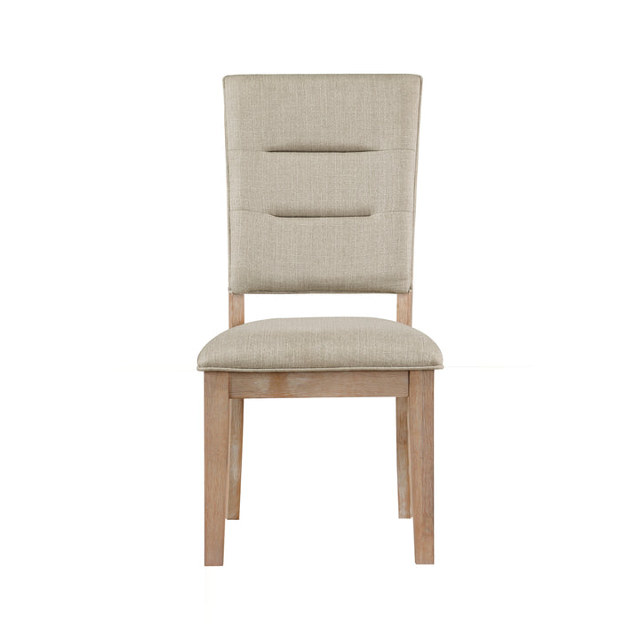 Beige upholstered dining chair with horizontal stitching on the backrest and light wooden legs.