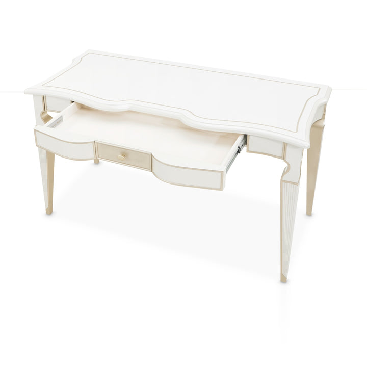 A white and gold desk with an open drawer, photographed against a white background.