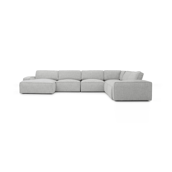 Modular sectional sofa with light gray upholstery on a white background.